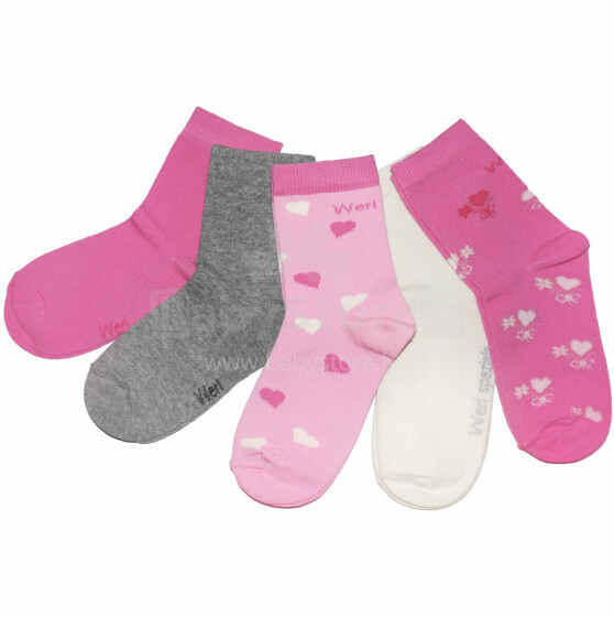 Weri Spezials Children's Socks Hearts Pink and Grey ART.WERI-4310 Pack of five high quality children's cotton socks