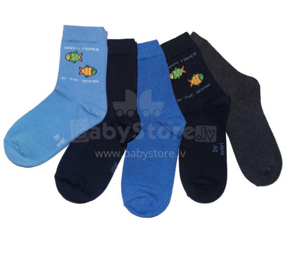 Weri Spezials Bērnu zeķes Happy Fish Cornflower Blue ART.WERI-3984 Pieci pāri augstas kvalitātes kokvilnas bērnu zeķes