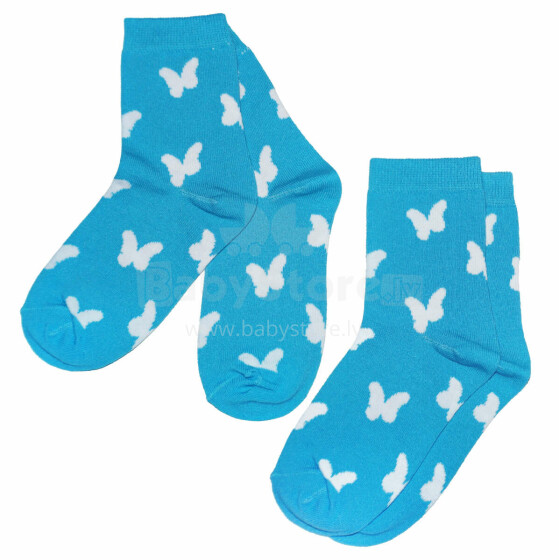 Weri Spezials Children's Socks White Butterflies Turquoise ART.SW-1348 Pack of two high quality children's cotton socks