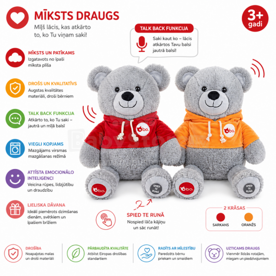 Bo Interactive Bear Art.156168 Plīša lācis ar runāšanas funkciju, 46 cm