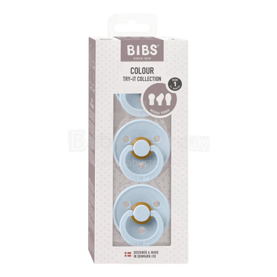 Bibs Try-It Art.131604 Baby Blue Komplekts :Мāneklītis (knupītis) no 100% naturāla kaučuka no 0-6 mēn. (3 gb.)