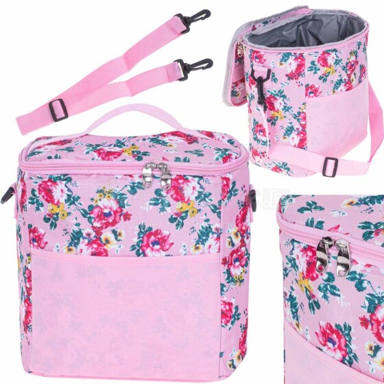 Ikonka Art.KX4985_1 Termo krepšys pietums paplūdimio iškylai 11L rožinės spalvos su gėlėmis