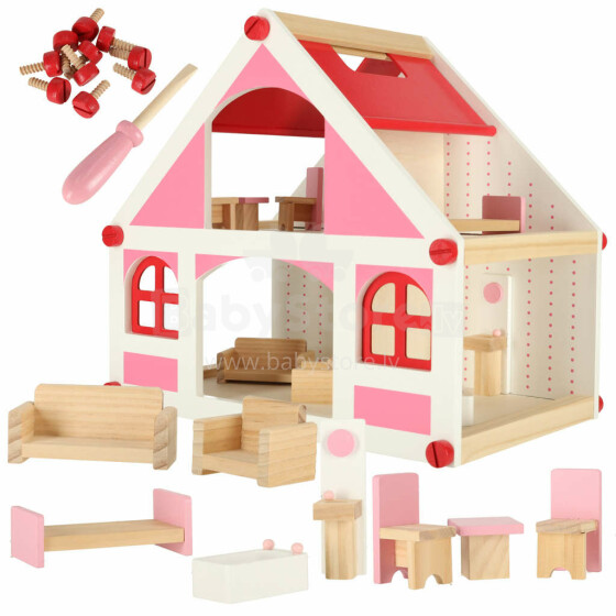 Ikonka Art.KX4351 Medinis lėlių namelis baltos ir rožinės spalvos + baldai 36cm