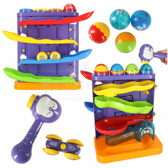 Ikonka Art.KX4292 Interactive 3-in-1 ball track ball pusher with hammers penguin + car