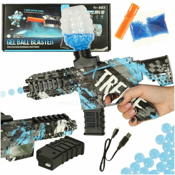 Ikonka Art.KX4089 Vandens šautuvas mėlynas gelio kamuoliukų pistoletas USB baterija maitinamas 550 vnt. 7-8 mm