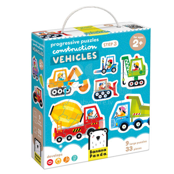 Banana Panda Progressive Puzzle Vehicles Art.49205 Progresīvas mīklas, celtniecības transportlīdzekļi (33gab.)