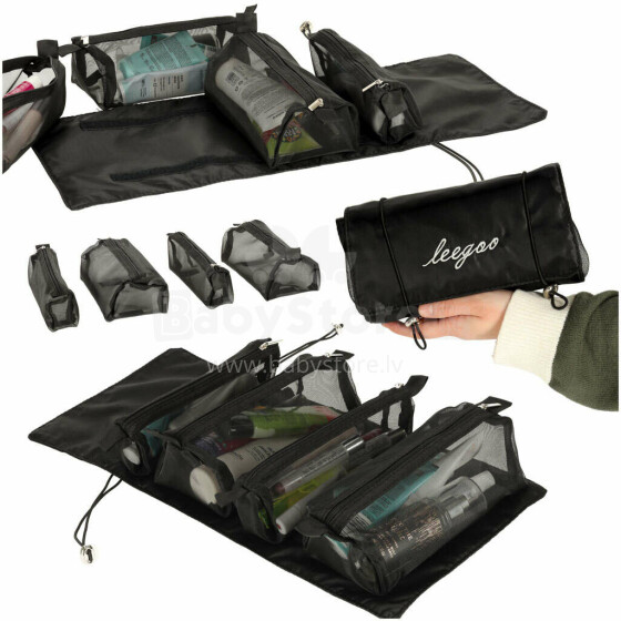 Ikonka Art.KX4107_1 Sulankstomas kosmetikos krepšys kelionės nuimamas roll-up 4in1 didelės talpos nešiojamas juodas
