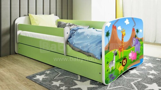 Bed babydreams green safari with drawer with non-flammable mattress 160/80