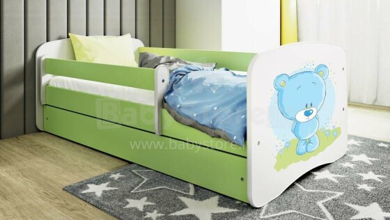 Bed babydreams green blue teddybear with drawer with non-flammable mattress 180/80