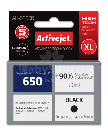Activejet AH-650BR tinte HP printerim; Nomaiņa HP 650 CZ101AE; Premium; 20 ml; melns