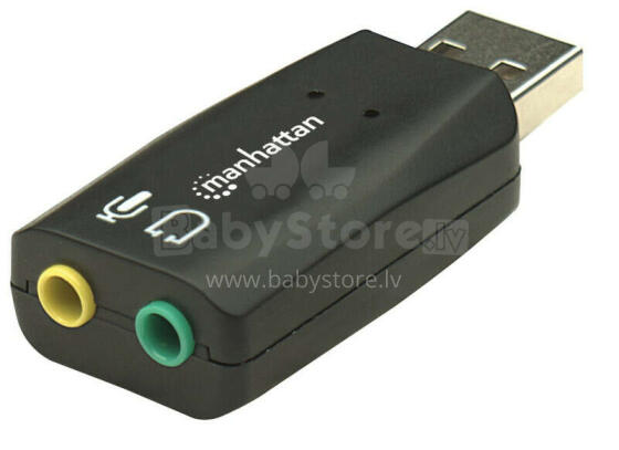 Manhetenas USB-A audio adapteris, 3,5 mm USB-A pieslēgvietas mikrofonam un audio izejai, 480 Mb/s (USB 2.0), 3D atbalsts un 5.1 virtuālā telpiskā skaņa, ātrdarbīgs USB, melns,  blisteris kart