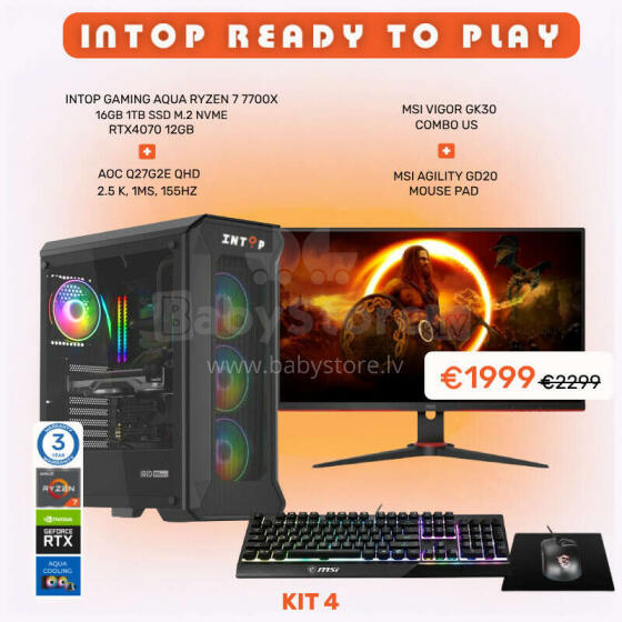 INTOP READY TO PLAY KIT 4 INTOP AQUA Ryzen 7 7700X 16GB DDR5 1TB SSD M.2 NVME RTX4070 12GB no-OS + Monitors AOC Q27G2E/BK 27 " + Gift Bunlde