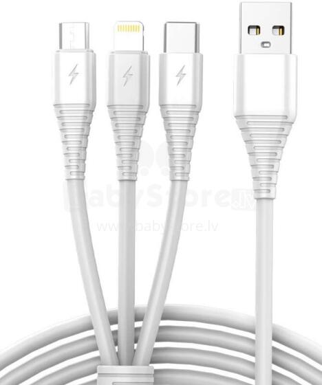 Ikonka Art.KX4242 USB 3in1 micro USB, USB-C, zibspuldzes kabelis 1 m, balts