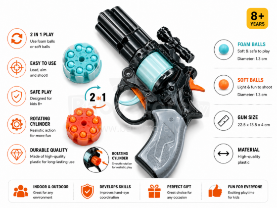 I-Toys Pistol Art.172219 Игрушечный револьвер-бластер 2 в 1 с мягкими шариками