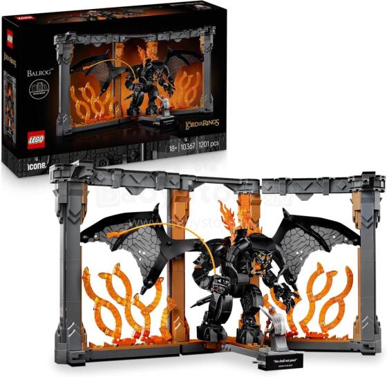 Lego Icons The Lord of the Rings Art.10367 Balrogs grāmatu plauktā — pašdarināts grāmatu plaukta rotājums ar pelēko Gandalfa mini figūriņu un pūķa figūriņu