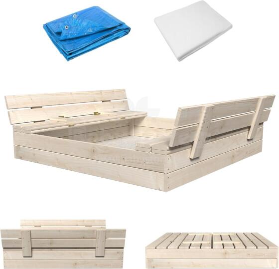 Bebe Basic Wood Sandbox Art.199231 Natural   Деревянная песочница с крышкой и скамейкой и брезентом 120x120см