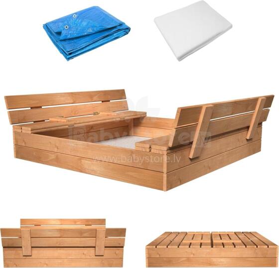 Bebe Basic Wood Sandbox Art.199543 Bronze Koka smilšu kaste ar vāku un soliņiem un pārsegu 120x120cm