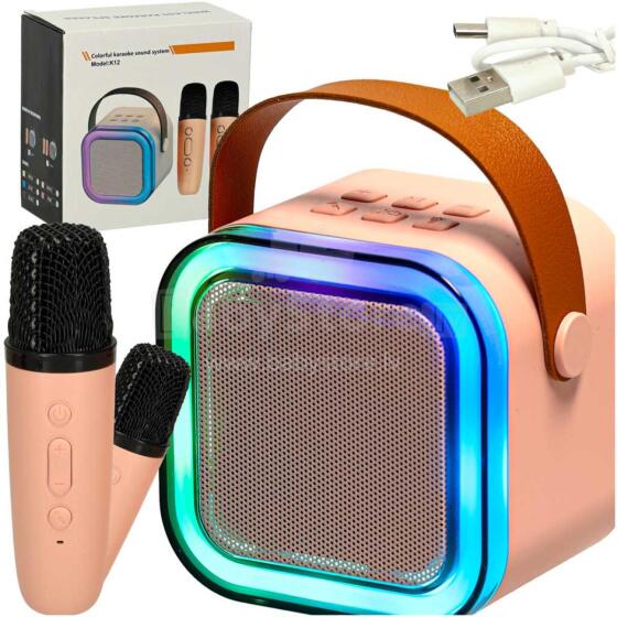 Ikonka Art.KX3377 Karaoke komplekts 2 mikrofoni + portatīvais skaļrunis BLUETOOTH USB LED rozā krāsā