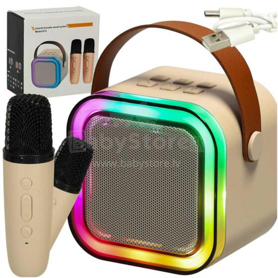Ikonka Art.KX3377_1 Karaoke komplekts 2 mikrofoni + portatīvais skaļrunis BLUETOOTH USB LED bēšs