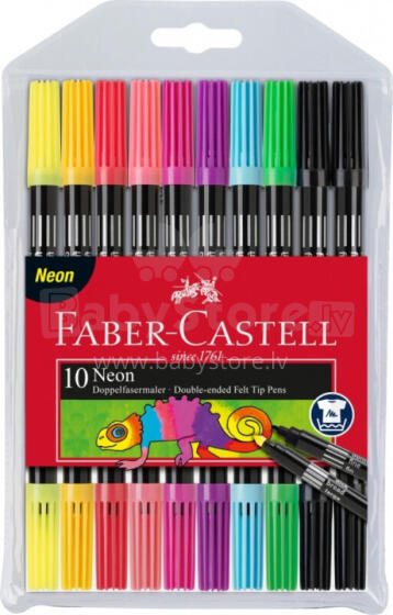 Divpusēji flomasteri Faber Castell, 10 neona krāsas