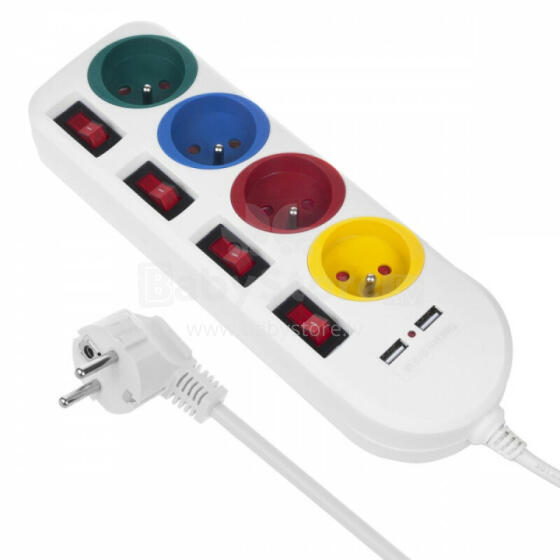 Pagarinātājs ar slēdžiem, 4 ligzdas + 2xUSB pagarinātāji MCE229W, balts