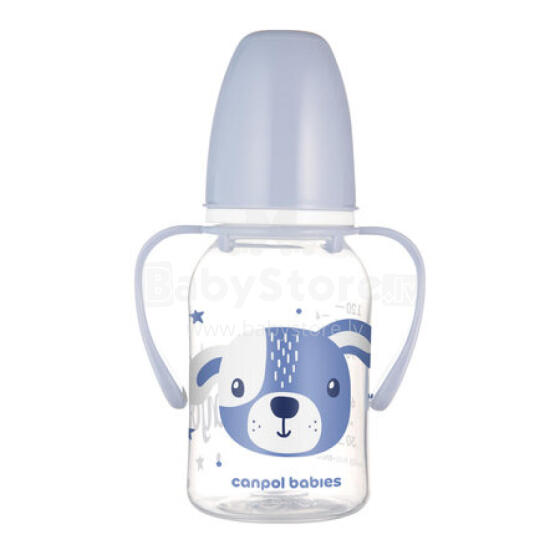 CANPOL 11/823 Standard bottle with handles 120 ml CUTE ANIMALS blue
