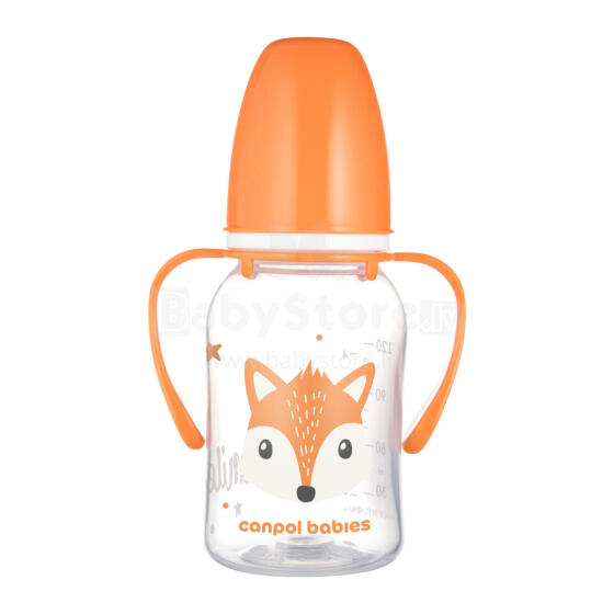 CANPOL 11/823 Standarta pudele ar rokturiem 120 ml CUTE ANIMALS oranža