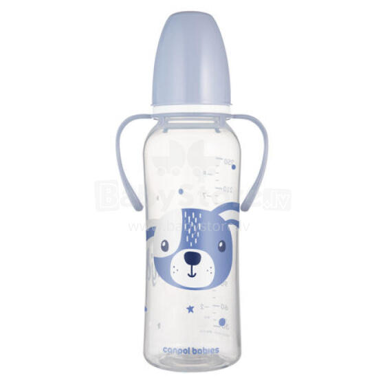 CANPOL 11/845 Standarta pudele ar rokturiem 250ml CUTE ANIMALS zila