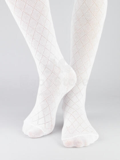 NOVITI RB010-G-01 Cotton jacquard tights, rhombus pattern, white 104/110