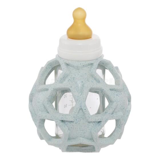 Hevea Baby Glass Bottle Art.239537 Blue Stikla pudelīte (antikoliku) ar knupīti un maigu bumbu no 100% naturāla (dabas) kaučuka no 0+ mēn.