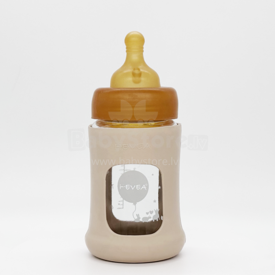 Hevea Glass Baby Bottle Wide Neck Art.239547 Stikla barošanas pudelīte ar apvalku no dabīga kaučuka  150ml
