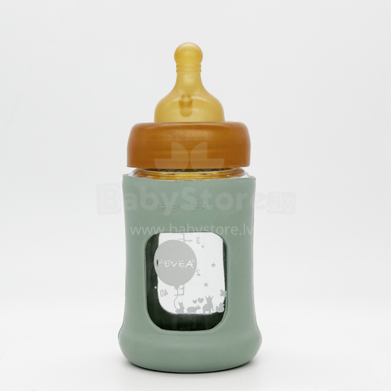 Hevea Glass Baby Bottle Wide Neck Art.239548 Бутылочка стеклянная для кормления  с чехлом из натурального каучука 150мл