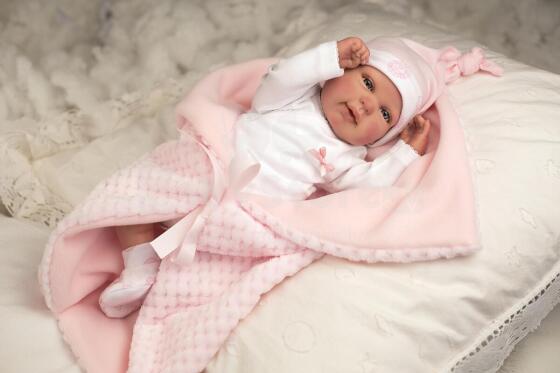 Reborn lelle ar rozā pledu, 45 cm