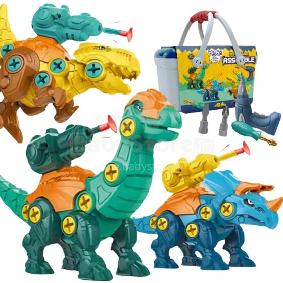 WOOPIE dinozauri skrūvēšanai 3 gab. Konstrukcijas komplekts kastē + urbis un skrūvgriezis
