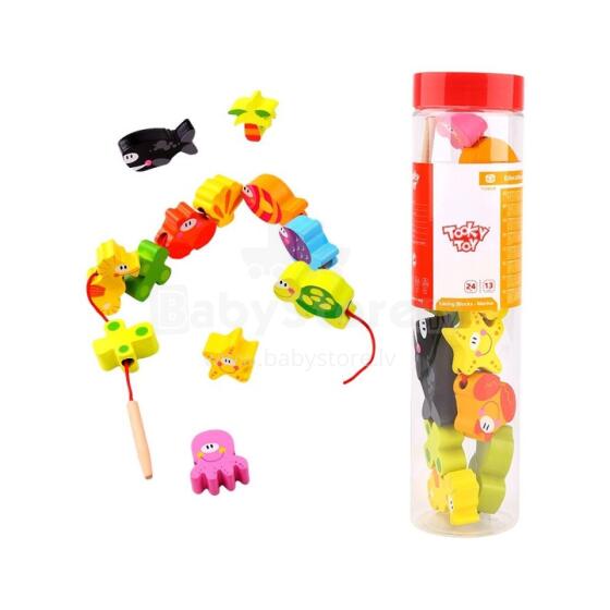 TOOKY TOY Koka pērlīšu diegu vēršanas bloki Jūras dzīvnieki 13 gab.