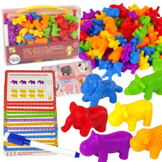 WOOPIE Izglītojošais komplekts Montessori skaitīšanas apguvei, krāsu šķirotājs, dzīvnieki, 83 gab.