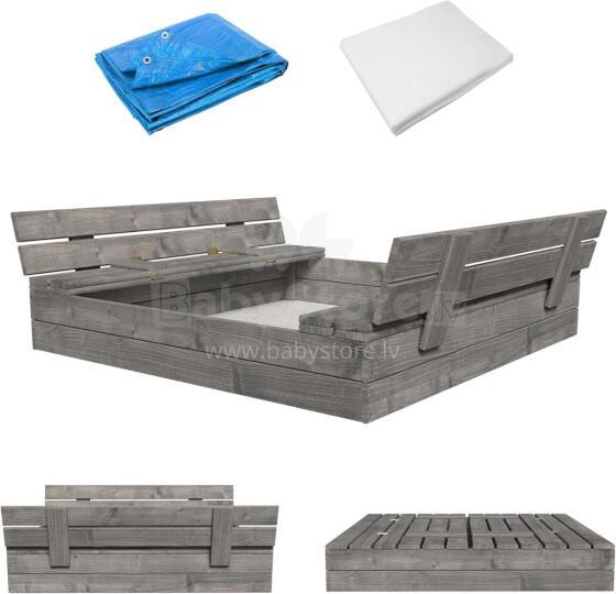 Bebe Basic Wood Sandbox Art.249101 Grey  Деревянная песочница с крышкой и скамейкой и брезентом 120x120см