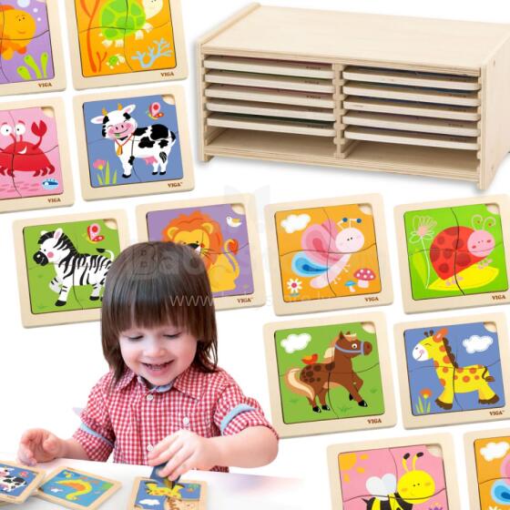 VIGA Wooden Puzzle 12 досок, 4 пазла на подставке