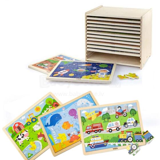 Viga Wooden Puzzle Set 12 puzzles, 24 pieces each on a stand