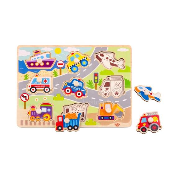 TOOKY TOY Koka Montessori puzle Transportlīdzekļi ar atbilstošām piespraudēm
