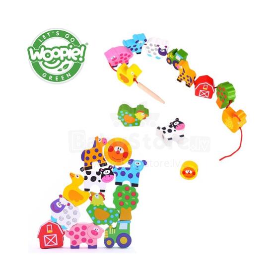 WOOPIE GREEN Wooden Threading Blocks Animals Farm 13 pcs.