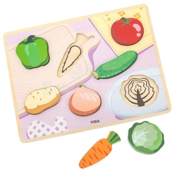 VIGA Wooden Puzzle Montessori 2in1 Puzzle Vegetables