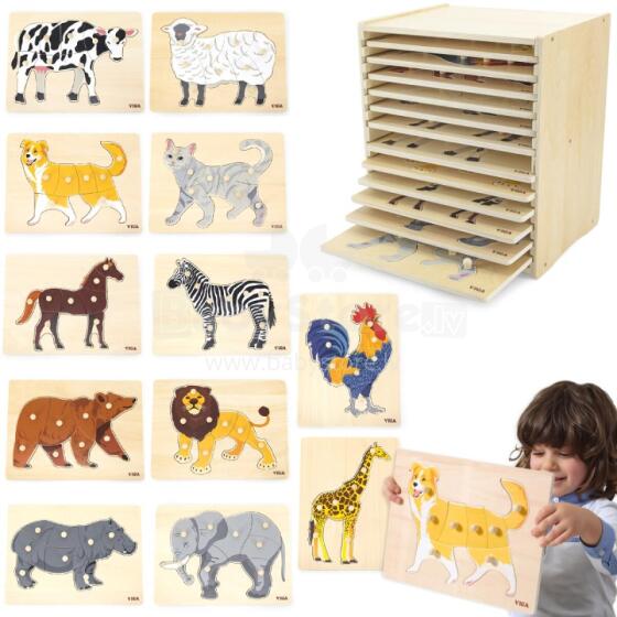 VIGA Wooden Puzzle Set 12 Puzzles Montessori Animals + Stand