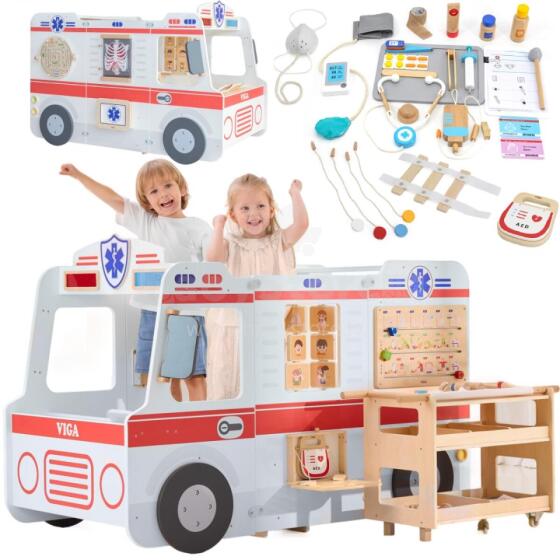 VIGA Large Wooden Ambulance Set Ambulance for Little Rescuers Accessories 25 pcs.