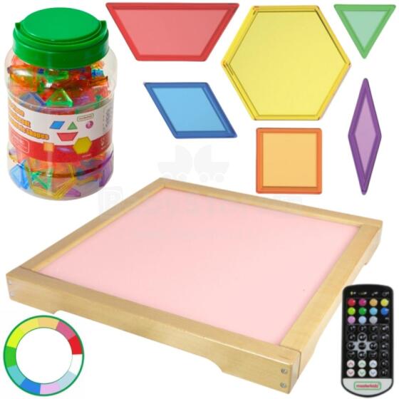 MASTERKIDZ LED gaismas panelis ar mainīgām krāsām un tālvadības pulti + Montessori mozaīkas bloki 140 gab.
