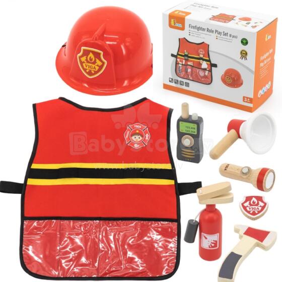 VIGA Mazā ugunsdzēsēja komplekts Veste + Koka aksesuāri 8 gab.
