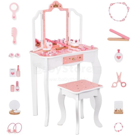 TOOKY TOY koka tualetes galdiņš ar krēslu, salokāms spoguļa aksesuāri, 15 gab.