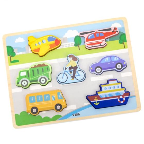 VIGA koka puzle Montessori 2in1 puzles transportlīdzekļi