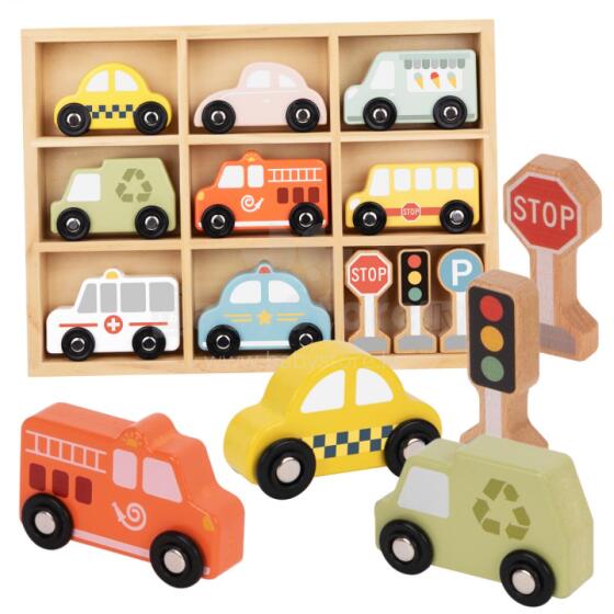 TOOKY TOY koka transportlīdzekļu un ceļa zīmju komplekts kastītē