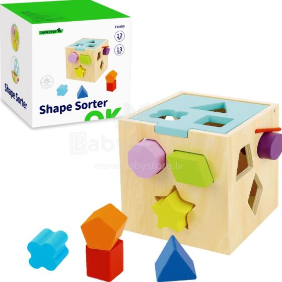 TOOKY TOY Koka formu šķirotājs krāsainā kubā ar krāsainiem rakstiem 13 gab.